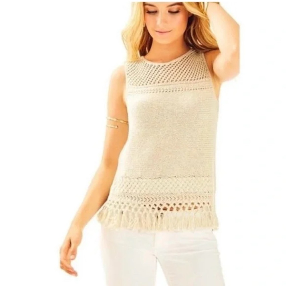 Lilly Pulitzer Limon Beige Gold Metallic Crochet Fringe Tank Tunic Sweater Sz XL